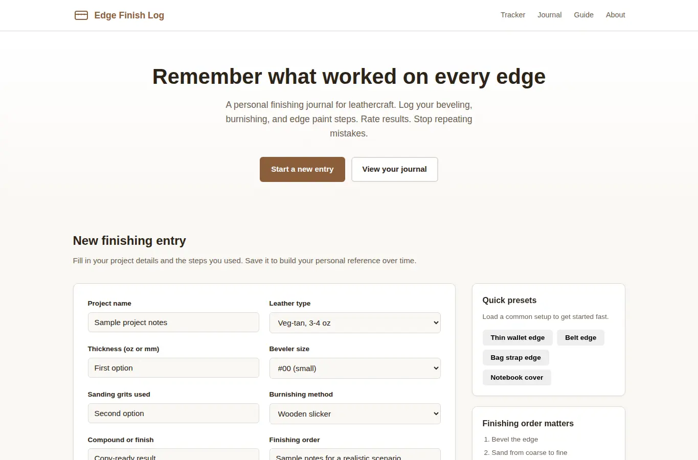 Screenshot of DIY Leather Edge Finishing Tracker interface showing the project page in use